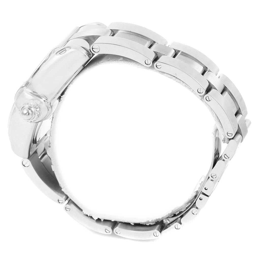 The image shows a side view of the Roadster model watch by Cartier, highlighting its bracelet and crown.