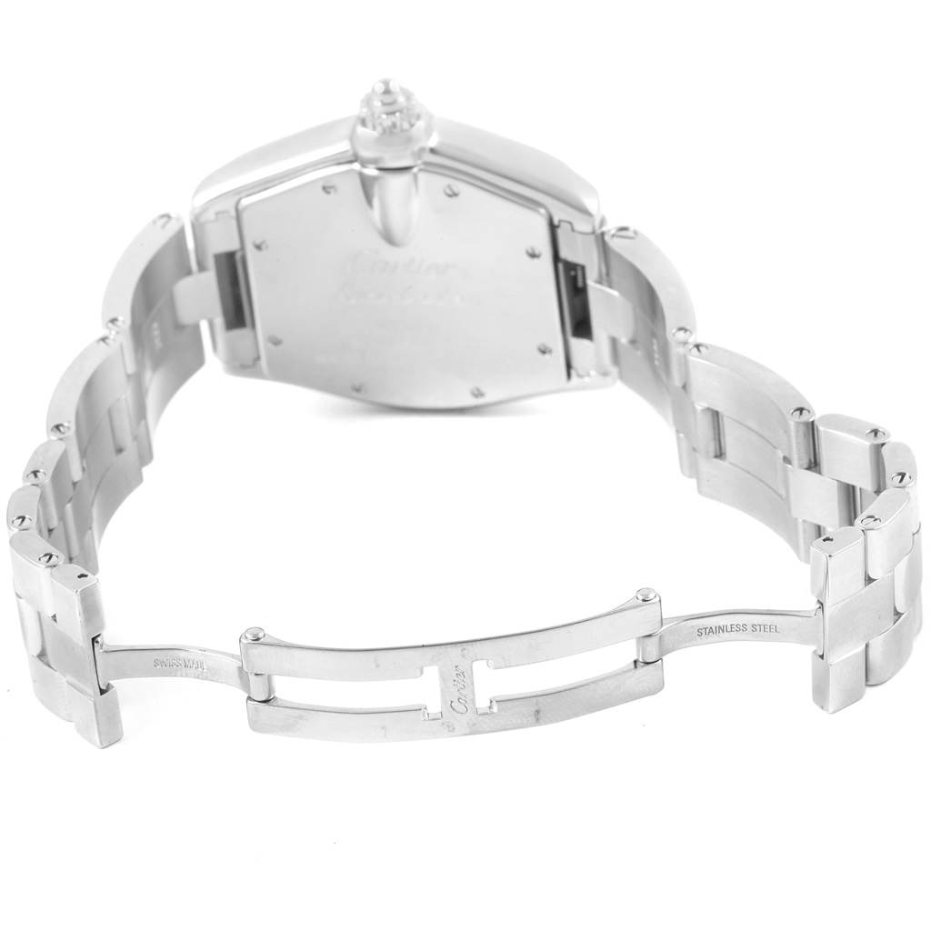 This image shows the back of the Cartier Roadster W62025V3 Men's Stainless Steel Silver Dial W62025V3 Men's Stainless Steel Silver Dial watch, including its stainless steel bracelet and clasp.