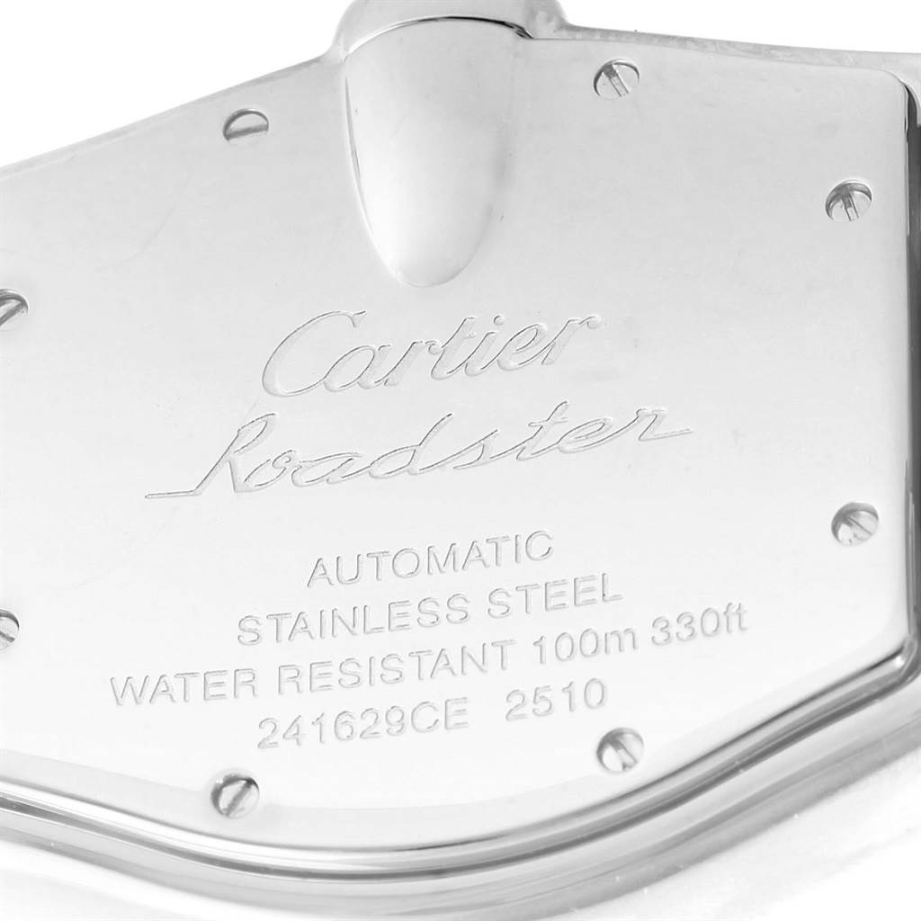 The image shows the back case of a Cartier Roadster W62025V3 Men's Stainless Steel Silver Dial W62025V3 Men's Stainless Steel Silver Dial watch with engraved details about the model.