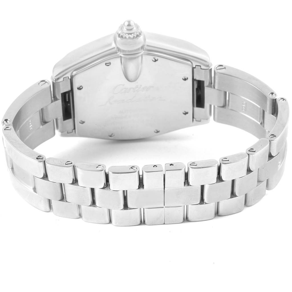 This photo shows the backside and bracelet of a Cartier Roadster W62025V3 Men's Stainless Steel Silver Dial W62025V3 Men's Stainless Steel Silver Dial watch from a slight overhead angle.