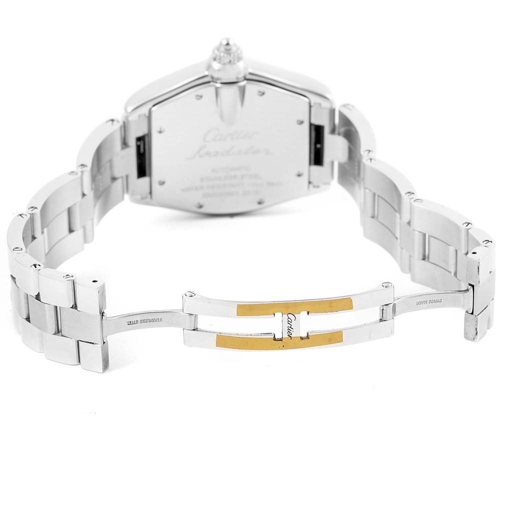 The image shows the back and open stainless steel bracelet of a Cartier Roadster W62048V3 Men's Stainless Steel Blue Dial W62048V3 Men's Stainless Steel Blue Dial watch.