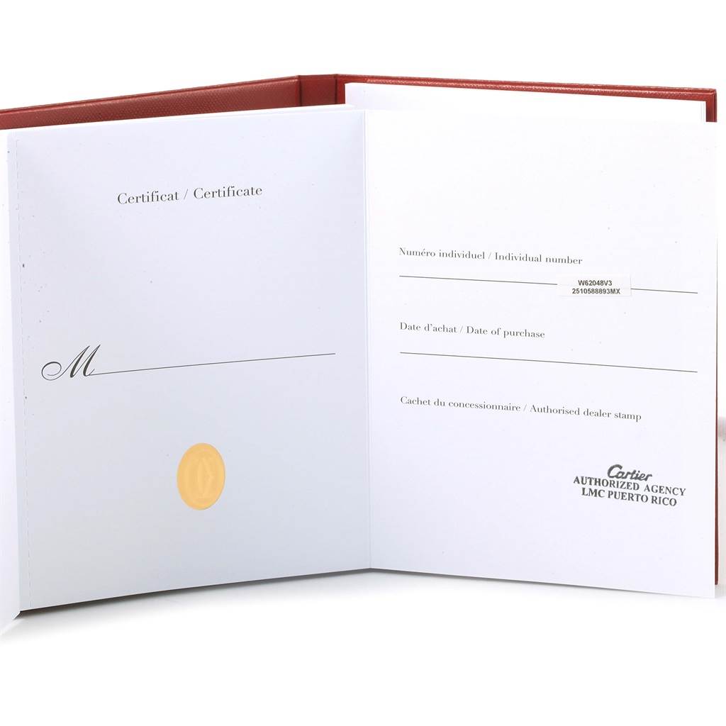 The image shows the certificate of authenticity for the Cartier Roadster W62048V3 Men's Stainless Steel Blue Dial W62048V3 Men's Stainless Steel Blue Dial model watch, with sections for an individual number and purchase details.