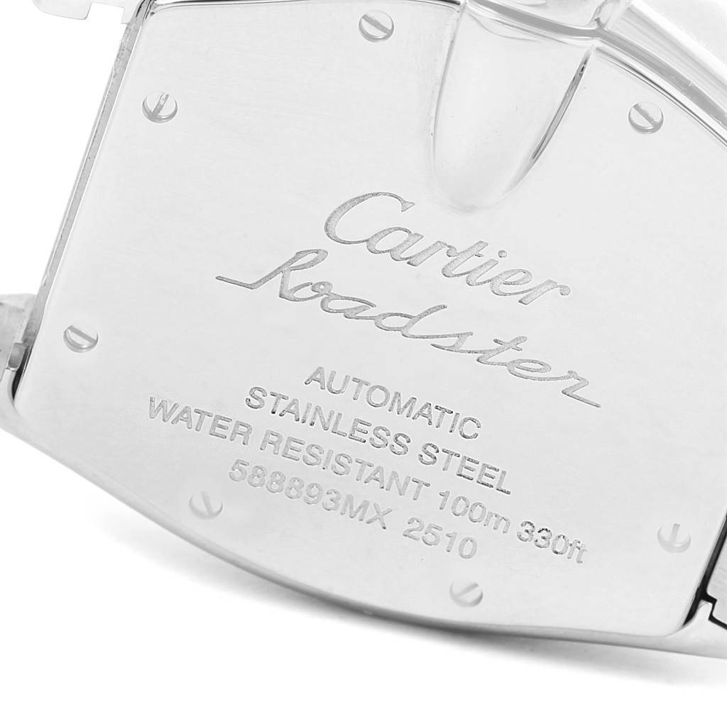 The image shows the back case of a Cartier Roadster W62048V3 Men's Stainless Steel Blue Dial W62048V3 Men's Stainless Steel Blue Dial watch, highlighting its specifications and engravings.