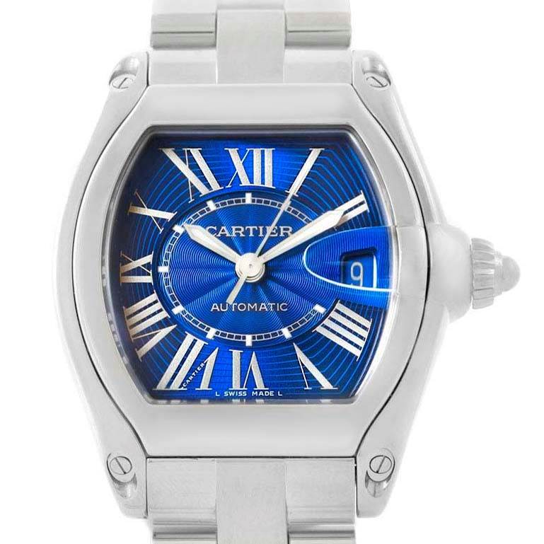 The image shows a frontal view of the Cartier Roadster W62048V3 Men's Stainless Steel Blue Dial W62048V3 Men's Stainless Steel Blue Dial watch, highlighting the blue dial and metal bracelet.