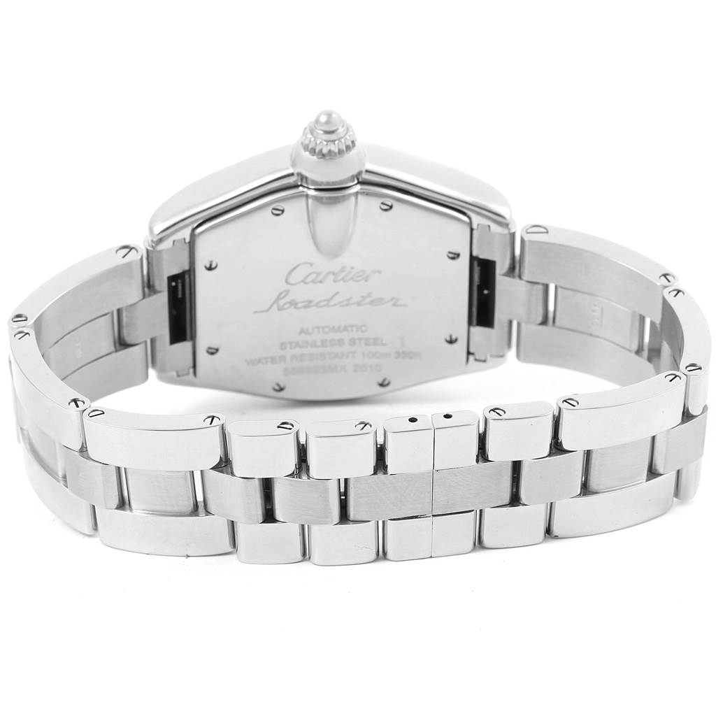 The image shows the back view of a Cartier Roadster W62048V3 Men's Stainless Steel Blue Dial W62048V3 Men's Stainless Steel Blue Dial watch, highlighting its stainless steel case and bracelet.