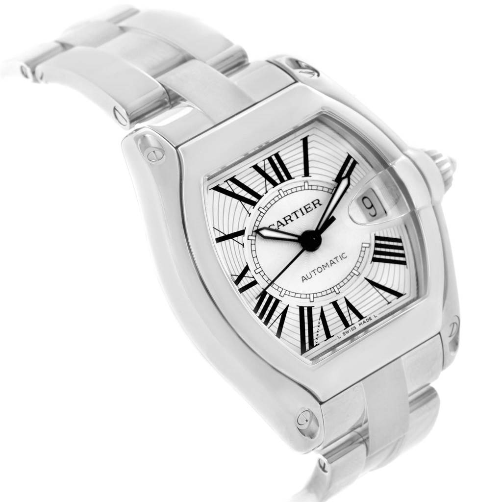 This image shows the Cartier Roadster W62025V3 Men's Stainless Steel Silver Dial W62025V3 Men's Stainless Steel Silver Dial watch from a 3/4 top view, highlighting its face, bezel, crown, and part of the bracelet.