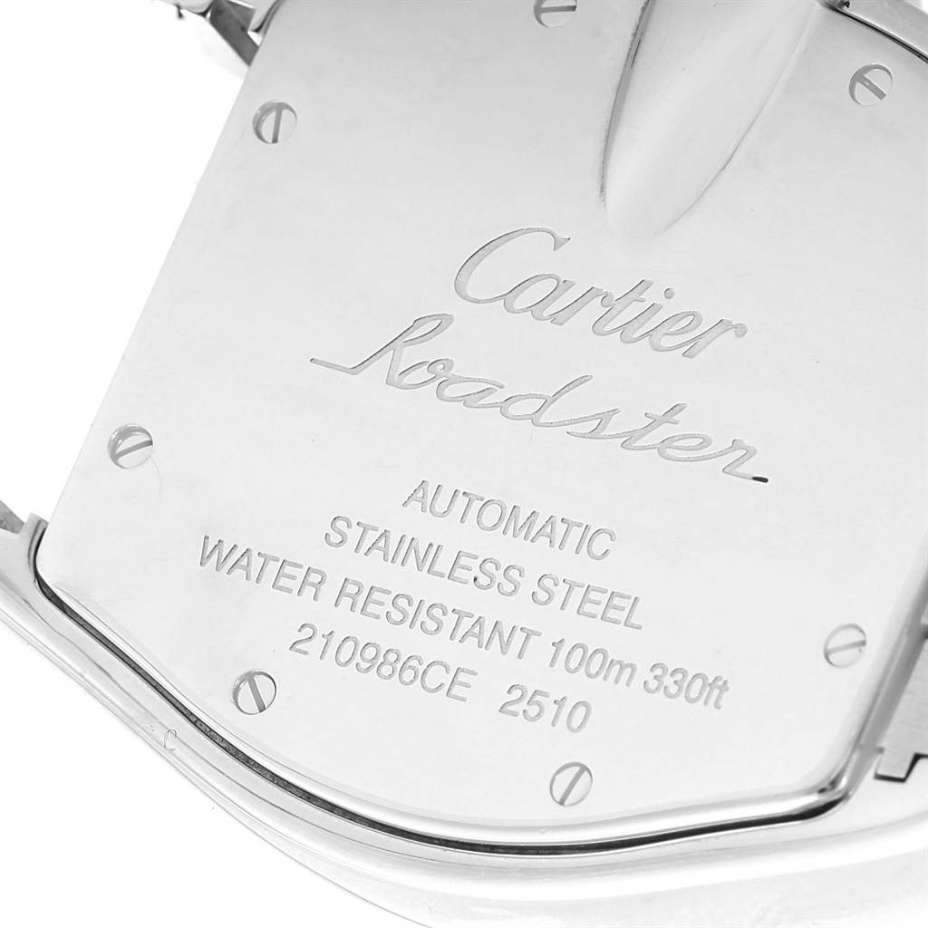 The image shows the back case of a Cartier Roadster W62025V3 Men's Stainless Steel Silver Dial W62025V3 Men's Stainless Steel Silver Dial watch, displaying its specifications.