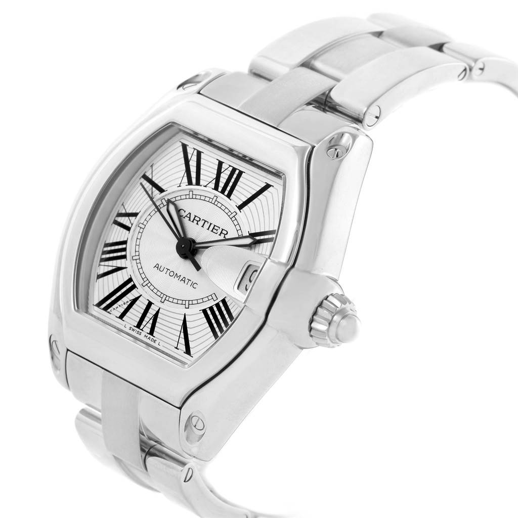 The image depicts a Cartier Roadster W62025V3 Men's Stainless Steel Silver Dial W62025V3 Men's Stainless Steel Silver Dial watch from an angled side view, showcasing the face, bezel, and part of the bracelet.