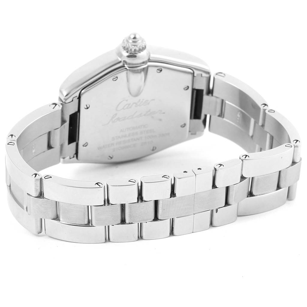 The image shows the back case and metal bracelet of a Cartier Roadster W62025V3 Men's Stainless Steel Silver Dial W62025V3 Men's Stainless Steel Silver Dial watch, viewed from the rear angle.