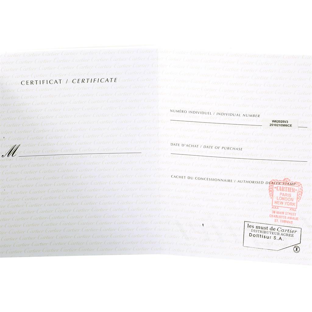 This image shows the certificate of authenticity for the Cartier Roadster W62025V3 Men's Stainless Steel Silver Dial W62025V3 Men's Stainless Steel Silver Dial model watch.