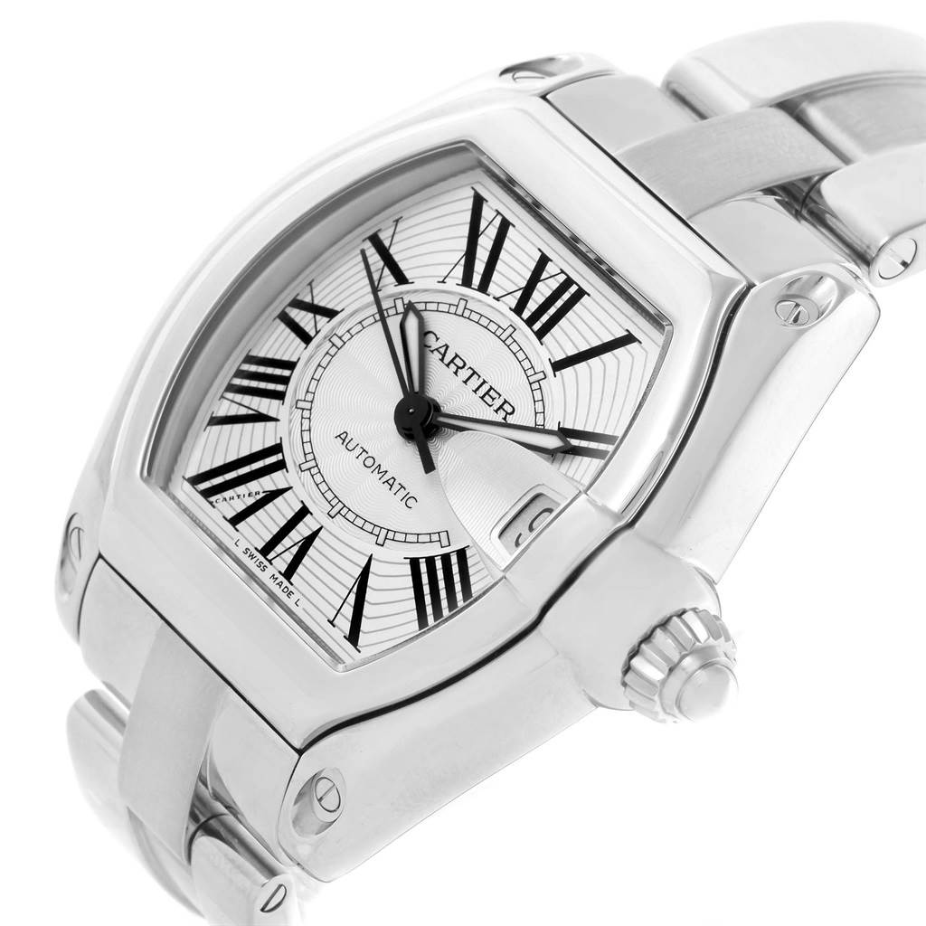 The Cartier Roadster W62025V3 Men's Stainless Steel Silver Dial W62025V3 Men's Stainless Steel Silver Dial watch is shown at an angled view, displaying the face, crown, and part of the metal bracelet.