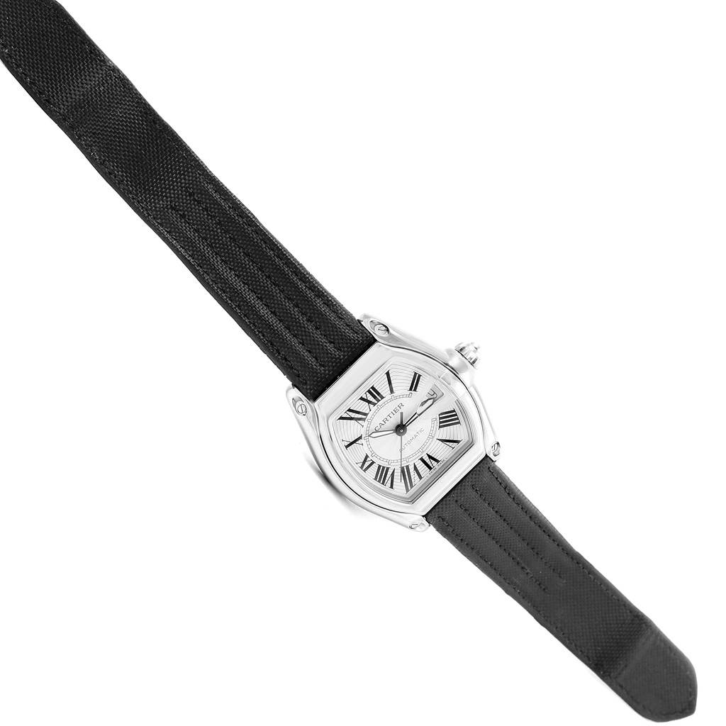 The Cartier Roadster W62025V3 Men's Stainless Steel Silver Dial W62025V3 Men's Stainless Steel Silver Dial watch is shown from a top-down angle, displaying the face, bezel, strap, and crown.