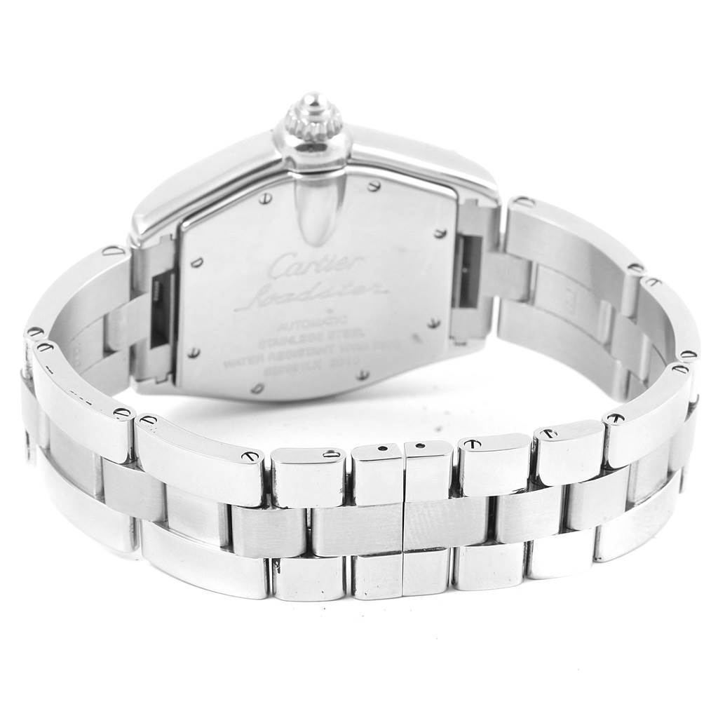 This image shows the back case and stainless steel bracelet of the Cartier Roadster W62048V3 Men's Stainless Steel Blue Dial W62048V3 Men's Stainless Steel Blue Dial watch from a rear angle.