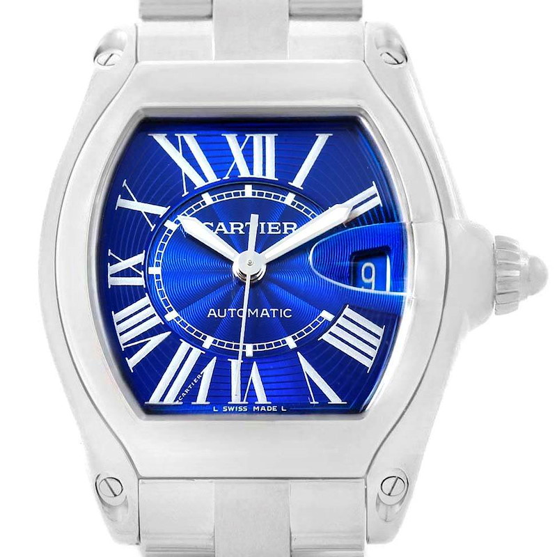 Cartier Roadster Blue Dial Mens Steel Watch W62048V3 Box Papers Strap SwissWatchExpo