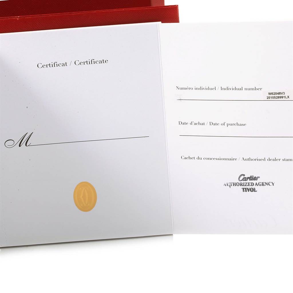 This image shows the certificate and warranty card for the Cartier Roadster W62048V3 Men's Stainless Steel Blue Dial W62048V3 Men's Stainless Steel Blue Dial watch, including purchase and individual number details.