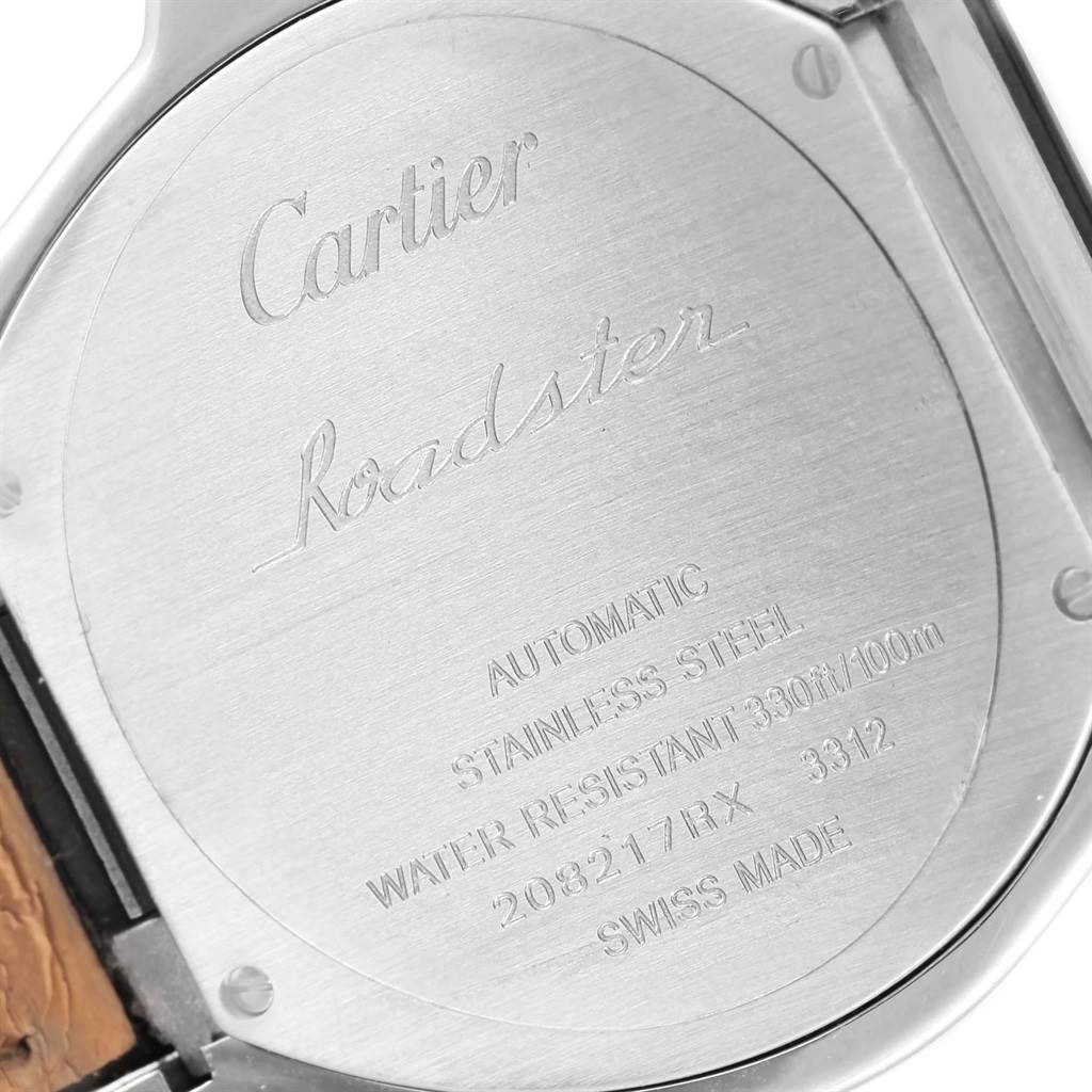 This close-up image shows the engraved back case of a Cartier Roadster W6206018 Men's Stainless Steel Silver Dial W6206018 Men's Stainless Steel Silver Dial watch.