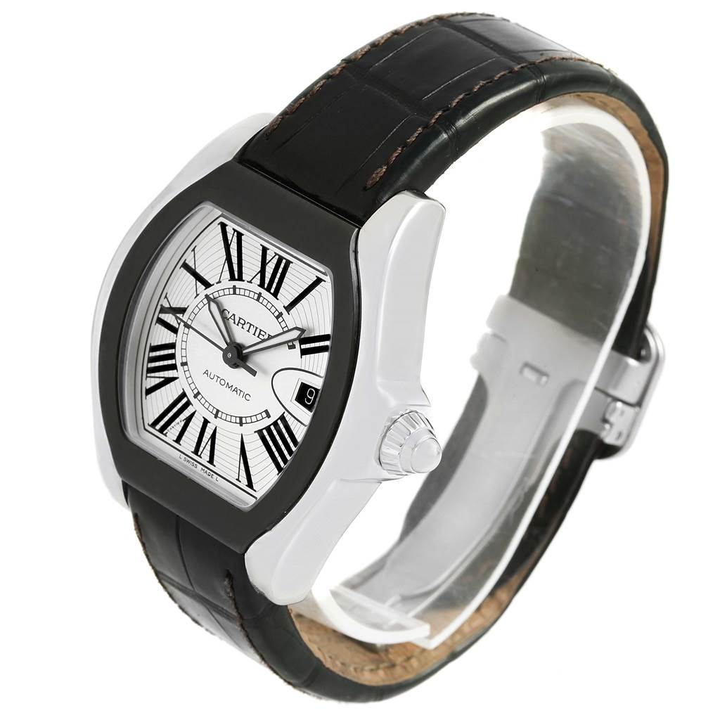 This image shows a Cartier Roadster W6206018 Men's Stainless Steel Silver Dial W6206018 Men's Stainless Steel Silver Dial watch in a slightly tilted angle, revealing its face, crown, and strap.