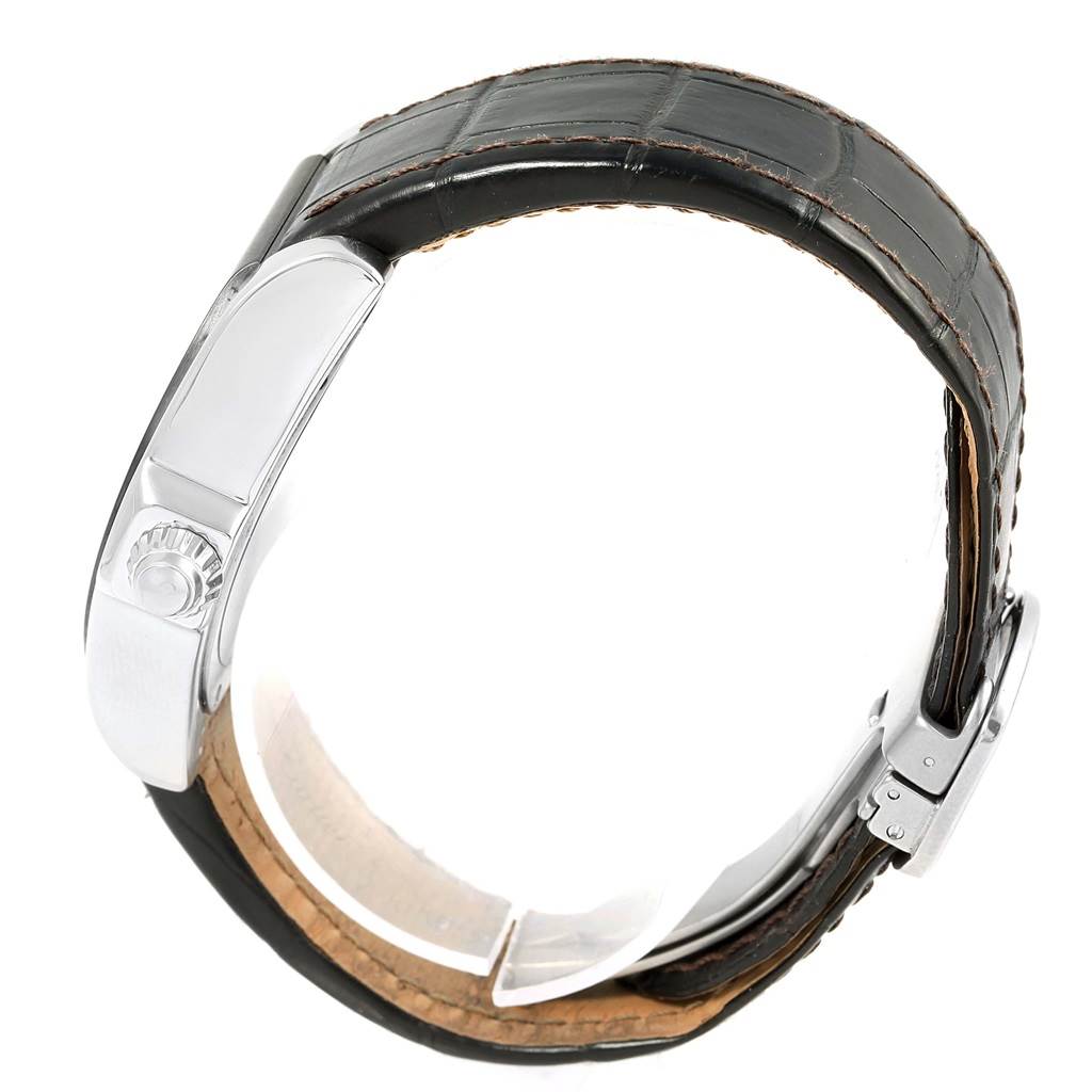 This image shows a side view of the Cartier Roadster W6206018 Men's Stainless Steel Silver Dial W6206018 Men's Stainless Steel Silver Dial watch, highlighting the crown and leather strap.