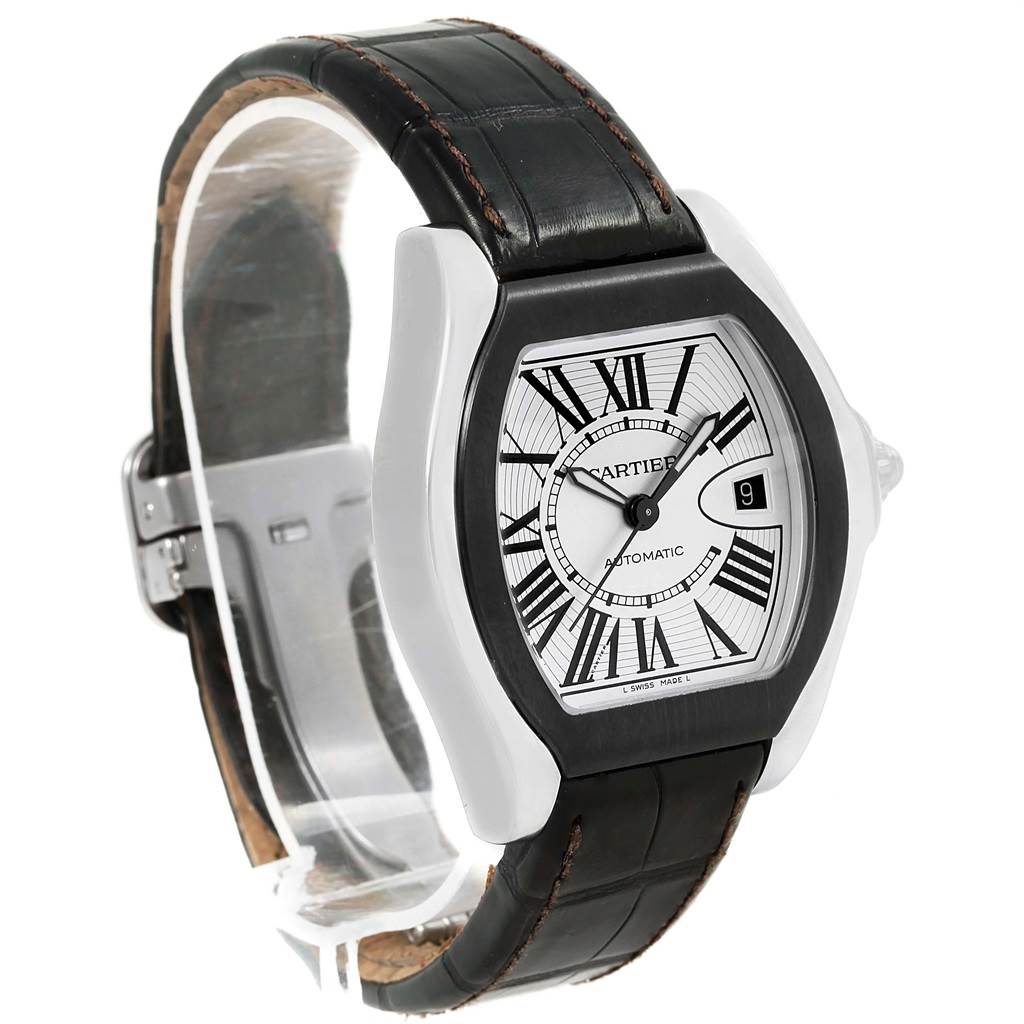 The Cartier Roadster W6206018 Men's Stainless Steel Silver Dial W6206018 Men's Stainless Steel Silver Dial watch is shown at a three-quarter angle, highlighting the dial, case, and leather strap.