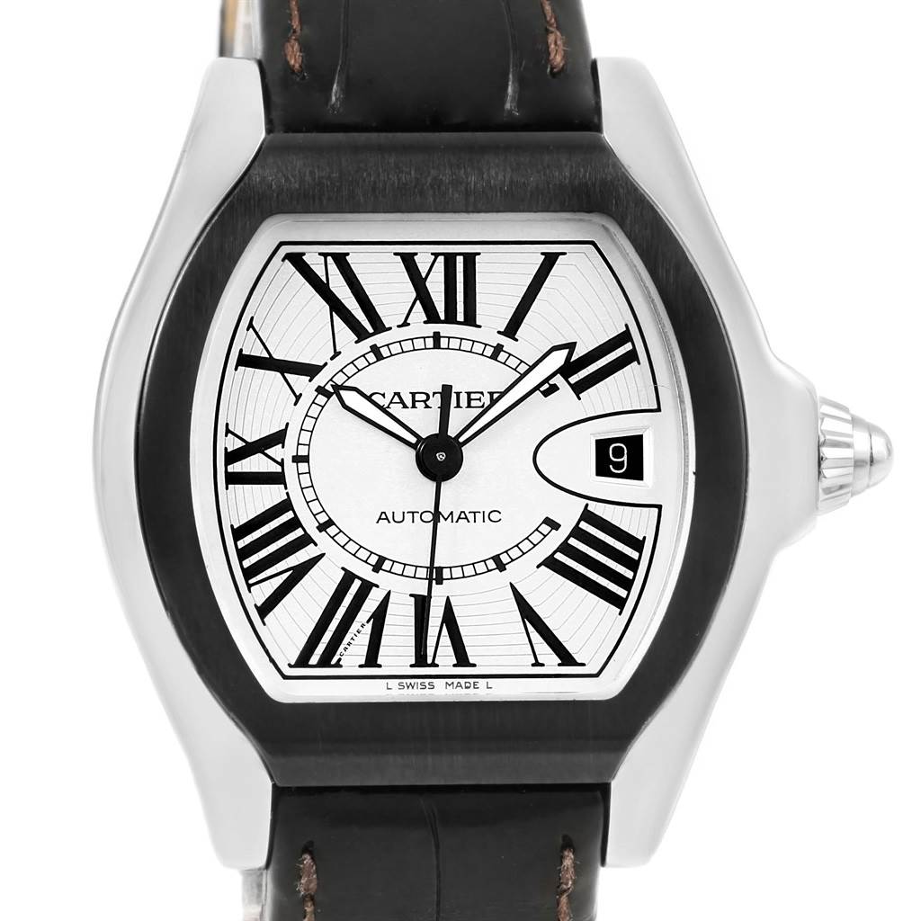 The Cartier Roadster W6206018 Men's Stainless Steel Silver Dial W6206018 Men's Stainless Steel Silver Dial watch is shown from a front angle, displaying its dial, Roman numerals, date window, and black leather strap.