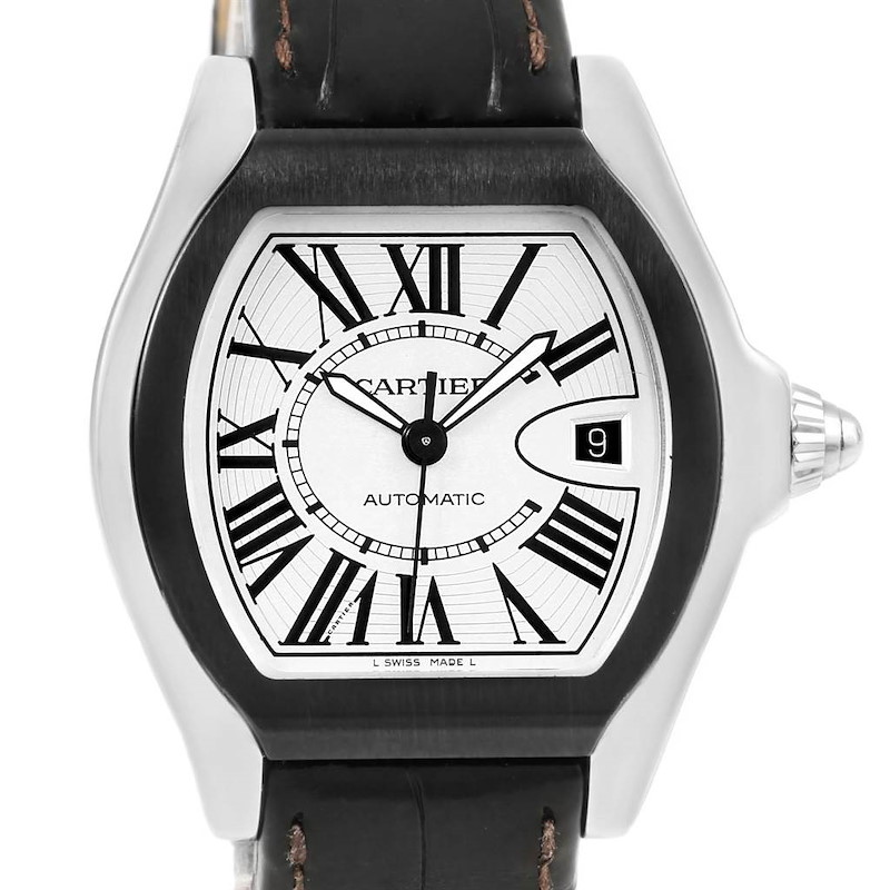 Cartier Roadster S Silver Dial Black Strap Steel Unisex Watch W6206018 SwissWatchExpo