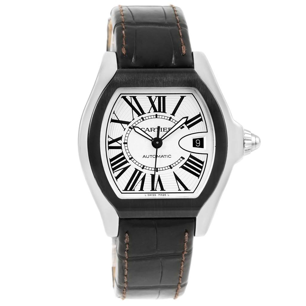 The Cartier Roadster W6206018 Men's Stainless Steel Silver Dial W6206018 Men's Stainless Steel Silver Dial watch is shown from a front angle, displaying the dial, case, crown, and leather strap.