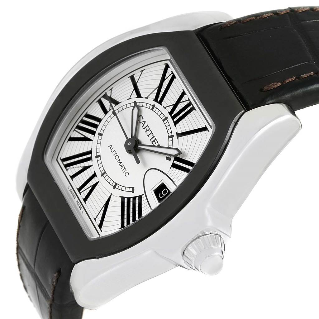 This image shows a close-up of the Cartier Roadster W6206018 Men's Stainless Steel Silver Dial W6206018 Men's Stainless Steel Silver Dial watch from an angled side view, highlighting the face, crown, and part of the strap.