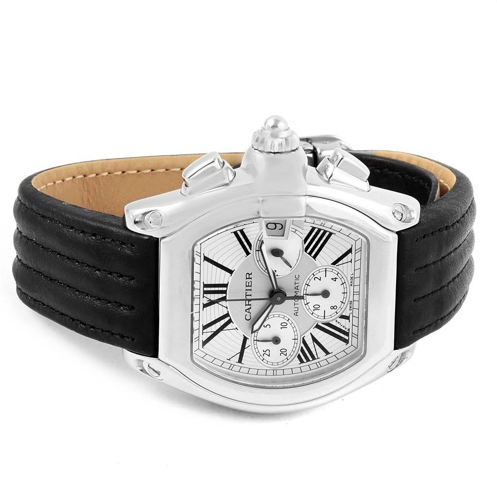 The image shows a Cartier Roadster W62019X6 Men's Stainless Steel Silver Dial W62019X6 Men's Stainless Steel Silver Dial watch at a slight angle, displaying the black leather strap, bezel, dial, and chronograph subdials.