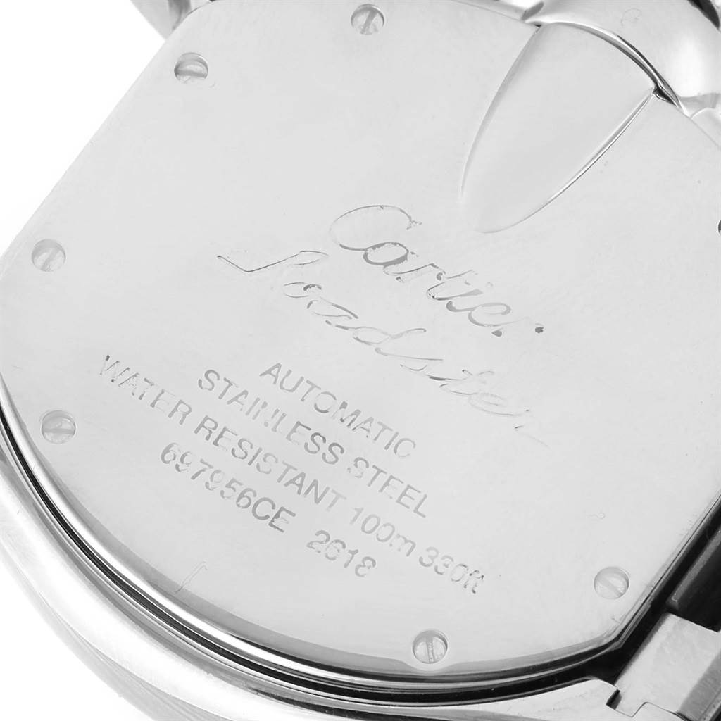 This image shows a close-up of the back case of a Cartier Roadster W62019X6 Men's Stainless Steel Silver Dial W62019X6 Men's Stainless Steel Silver Dial watch, displaying engravings detailing specifications.