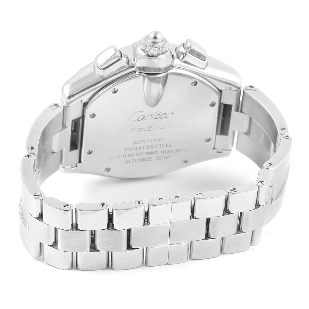 The image shows the back case and bracelet of the Cartier Roadster W62019X6 Men's Stainless Steel Silver Dial W62019X6 Men's Stainless Steel Silver Dial watch, viewed from the rear angle.