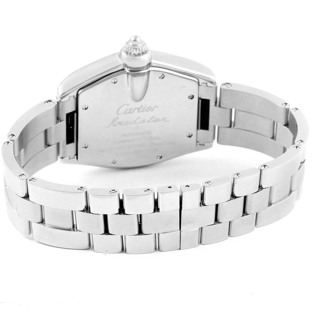 The image shows the back case and bracelet of a Cartier Roadster W62041V3 Men
s Stainless Steel Black Dial W62041V3 Men
s Stainless Steel Black Dial watch.