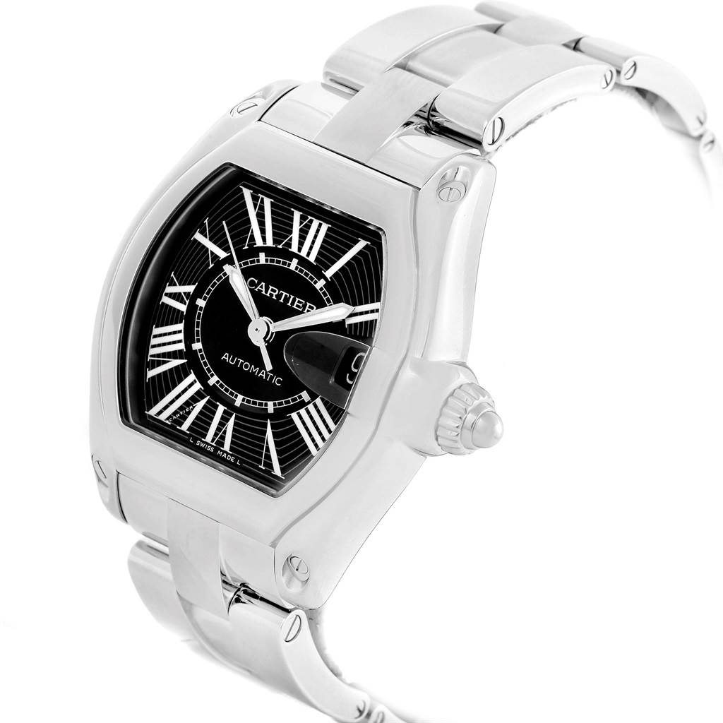 This image shows a Cartier Roadster W62041V3 Men
s Stainless Steel Black Dial W62041V3 Men
s Stainless Steel Black Dial watch at a slightly angled front view, displaying its face, crown, and stainless steel band.