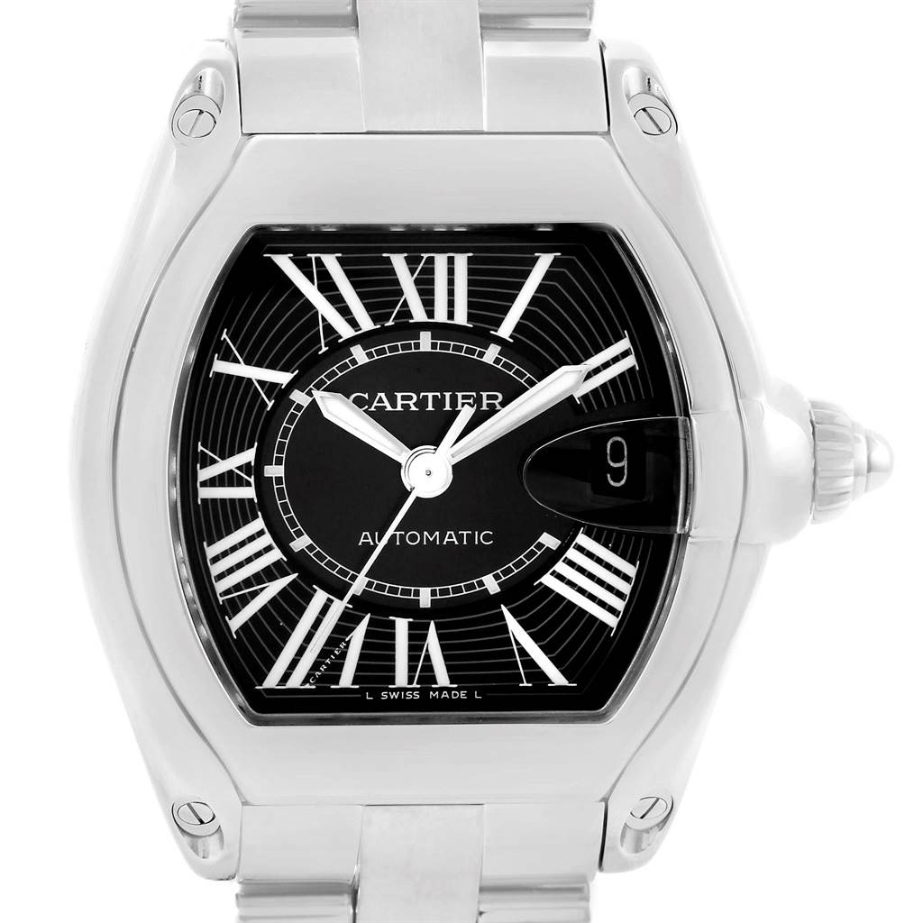 This image shows a front view of a Cartier Roadster W62041V3 Men
s Stainless Steel Black Dial W62041V3 Men
s Stainless Steel Black Dial watch, highlighting the dial, hands, date window, and part of the bracelet.