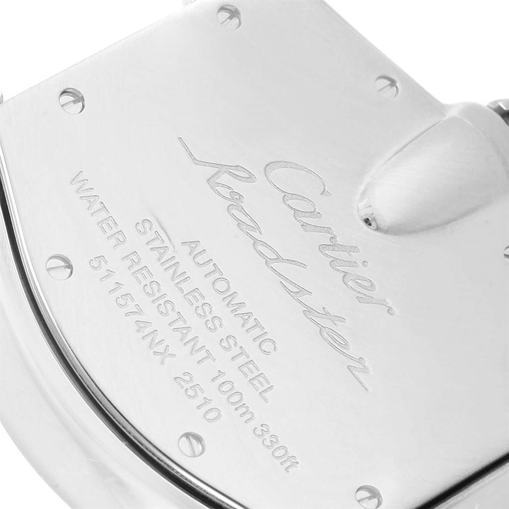 This image shows the back case of a Cartier Roadster W62041V3 Men
s Stainless Steel Black Dial W62041V3 Men
s Stainless Steel Black Dial watch, highlighting its engraving details.