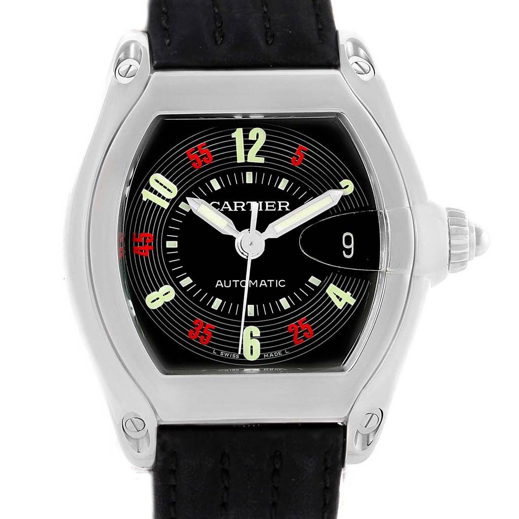 This image shows a frontal view of the Cartier Roadster W62002V3 Men's Stainless Steel Black Dial W62002V3 Men's Stainless Steel Black Dial watch, displaying the face, bezel, and partially the strap.