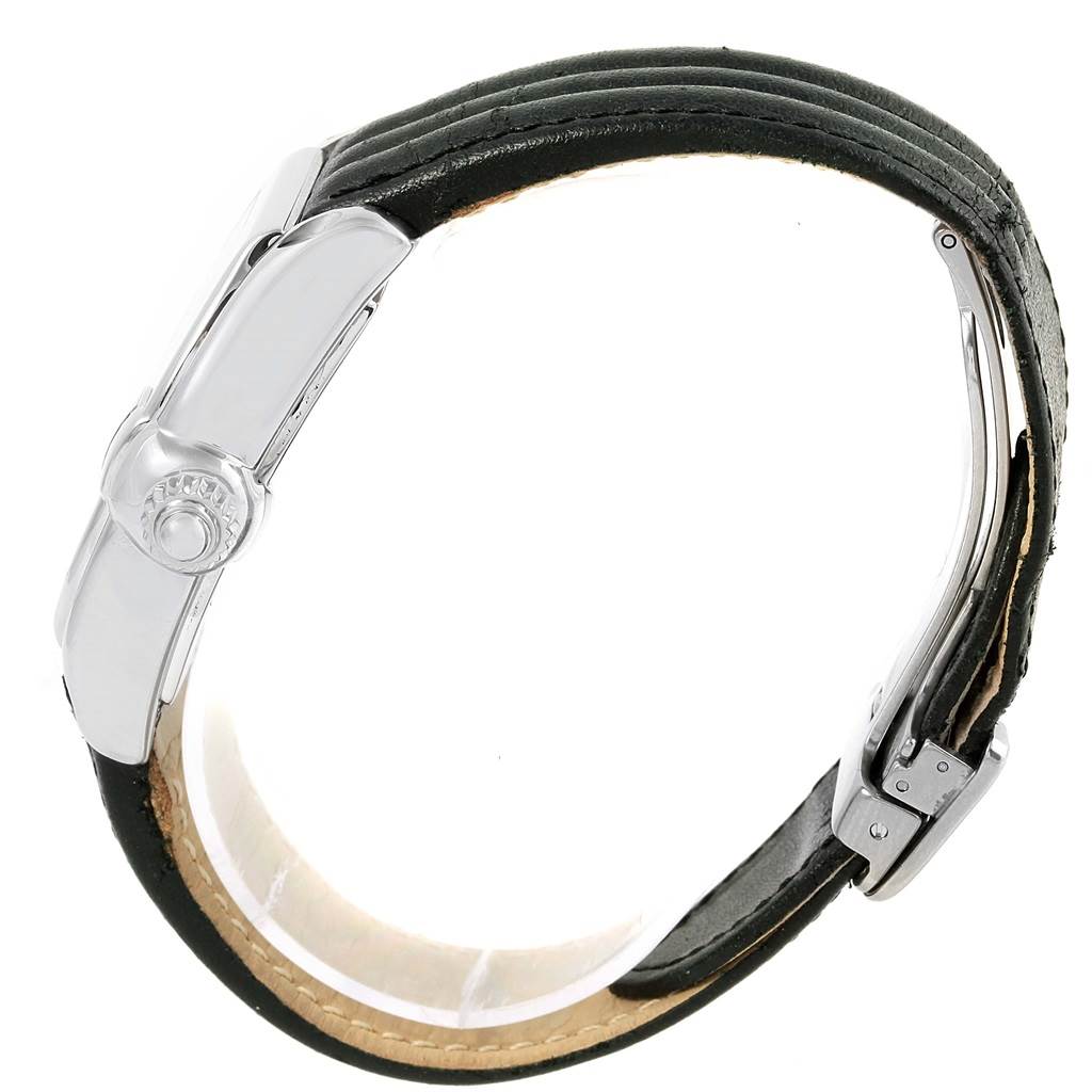 This image shows a side view of the Cartier Roadster W62002V3 Men's Stainless Steel Black Dial W62002V3 Men's Stainless Steel Black Dial watch, highlighting the leather strap and clasp.