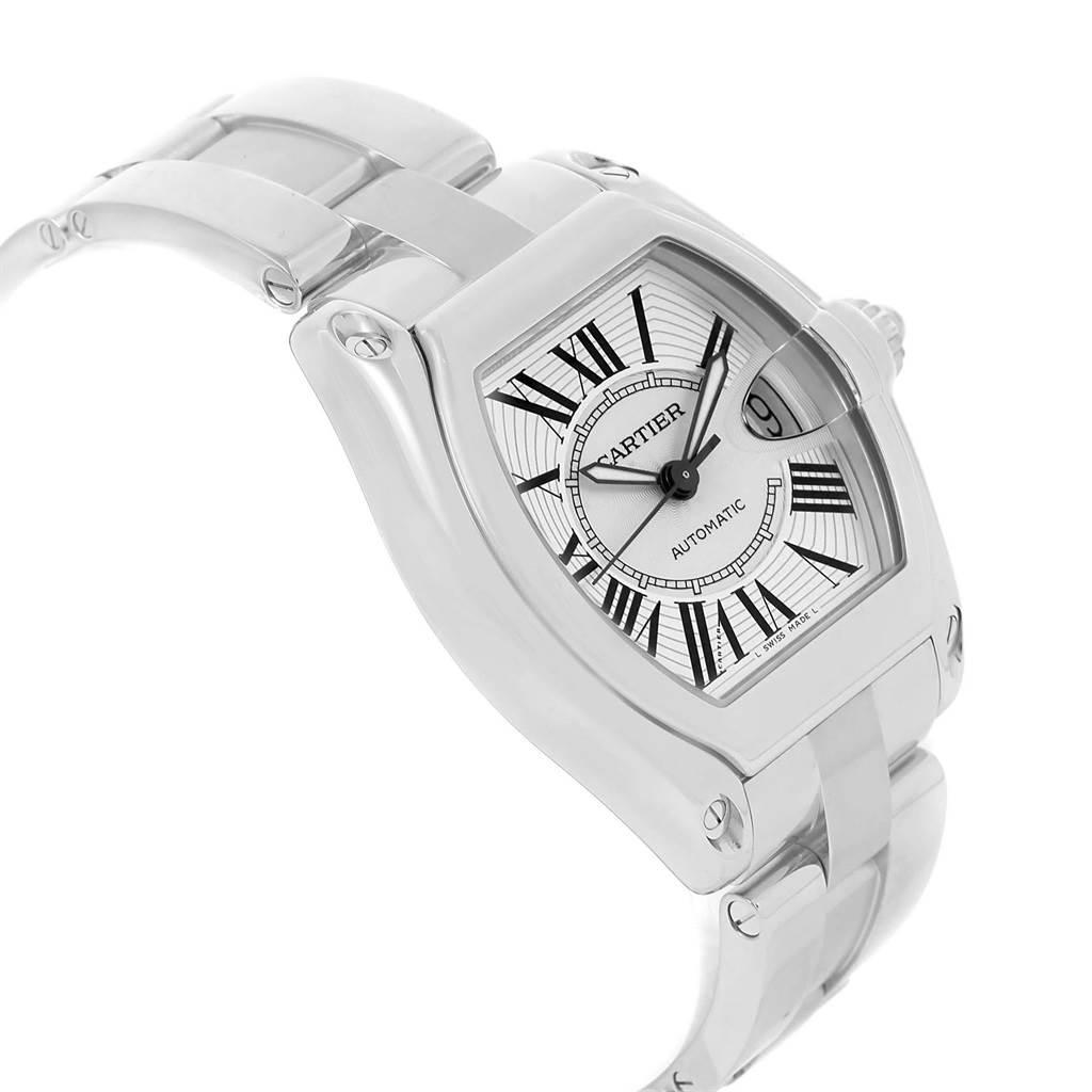 This image shows a Cartier Roadster W62025V3 Men's Stainless Steel Silver Dial W62025V3 Men's Stainless Steel Silver Dial watch at a slight angle, highlighting the face, bezel, and part of the bracelet.