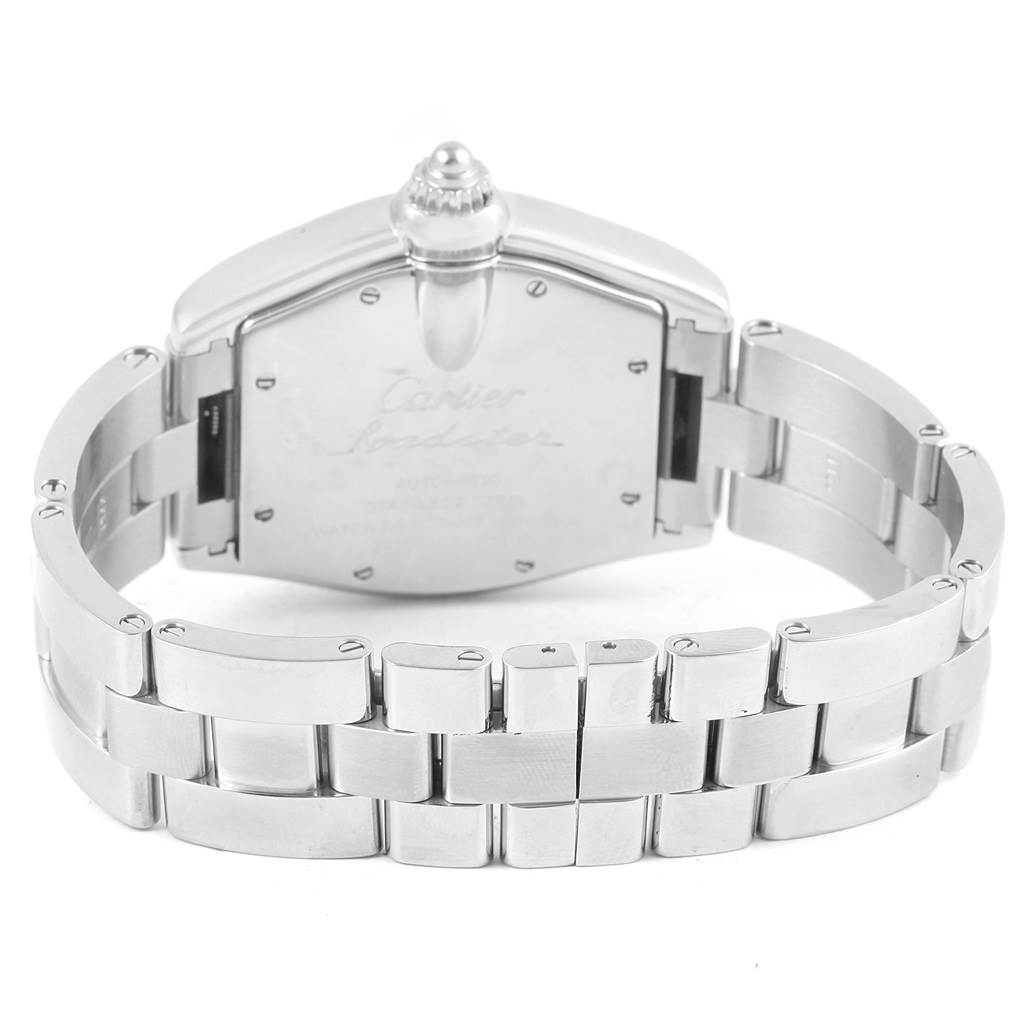 The image shows the back of a Cartier Roadster W62025V3 Men's Stainless Steel Silver Dial W62025V3 Men's Stainless Steel Silver Dial watch, highlighting the case back and stainless steel bracelet.