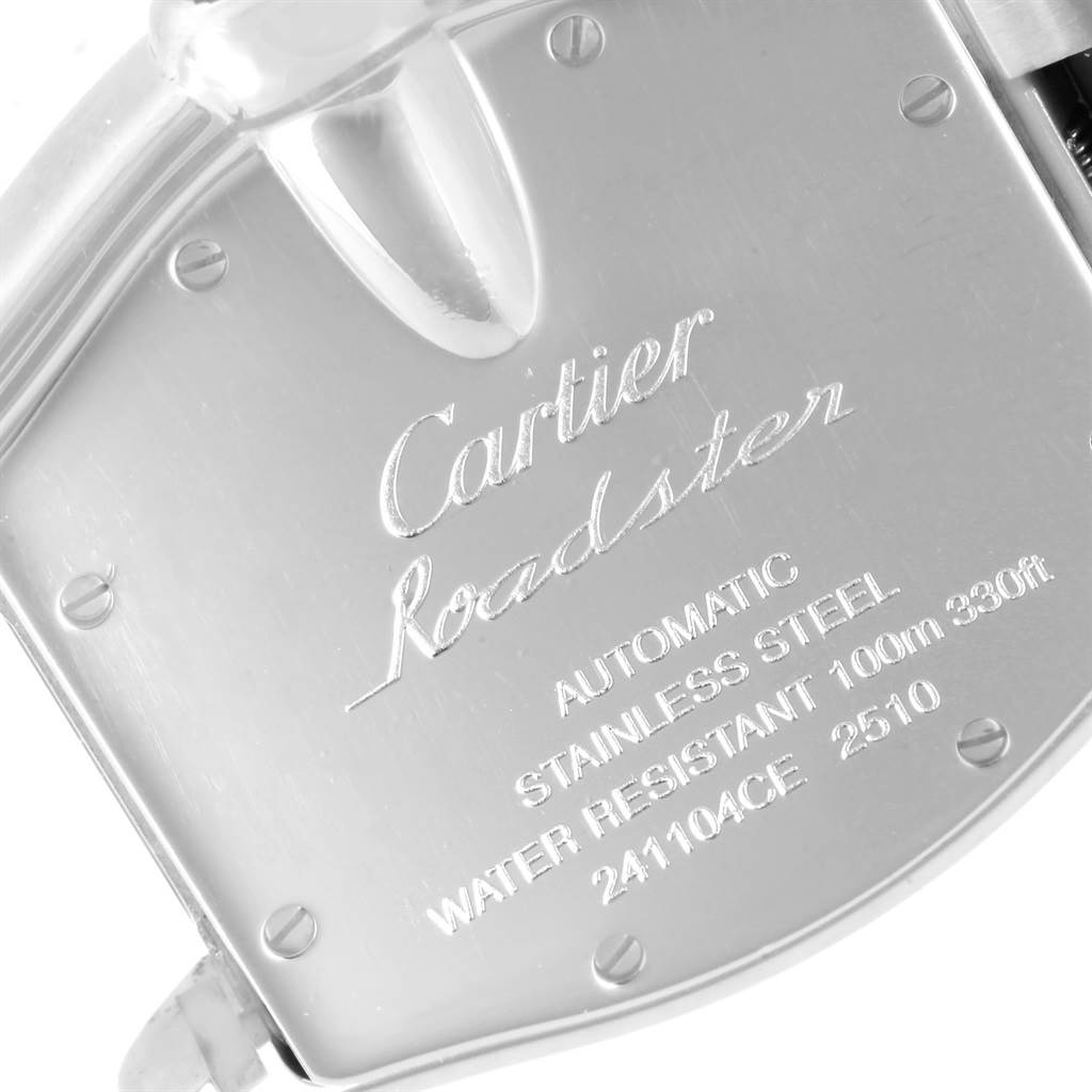 This is a close-up shot of the back of a Cartier Roadster W62025V3 Men's Stainless Steel Silver Dial W62025V3 Men's Stainless Steel Silver Dial watch, showing the engraved details.