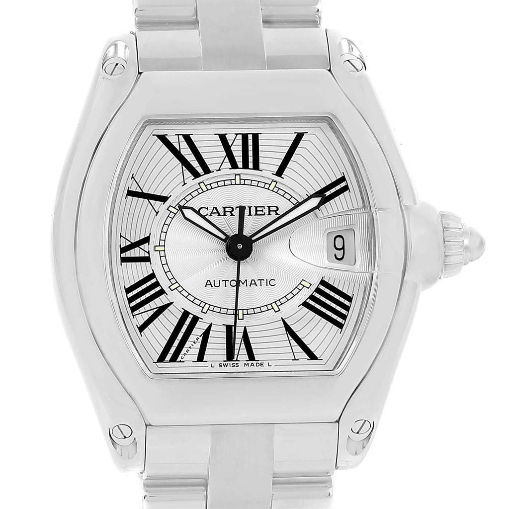 This is a front view of the Cartier Roadster W62025V3 Men's Stainless Steel Silver Dial W62025V3 Men's Stainless Steel Silver Dial watch, showing the dial, Roman numerals, and bracelet.