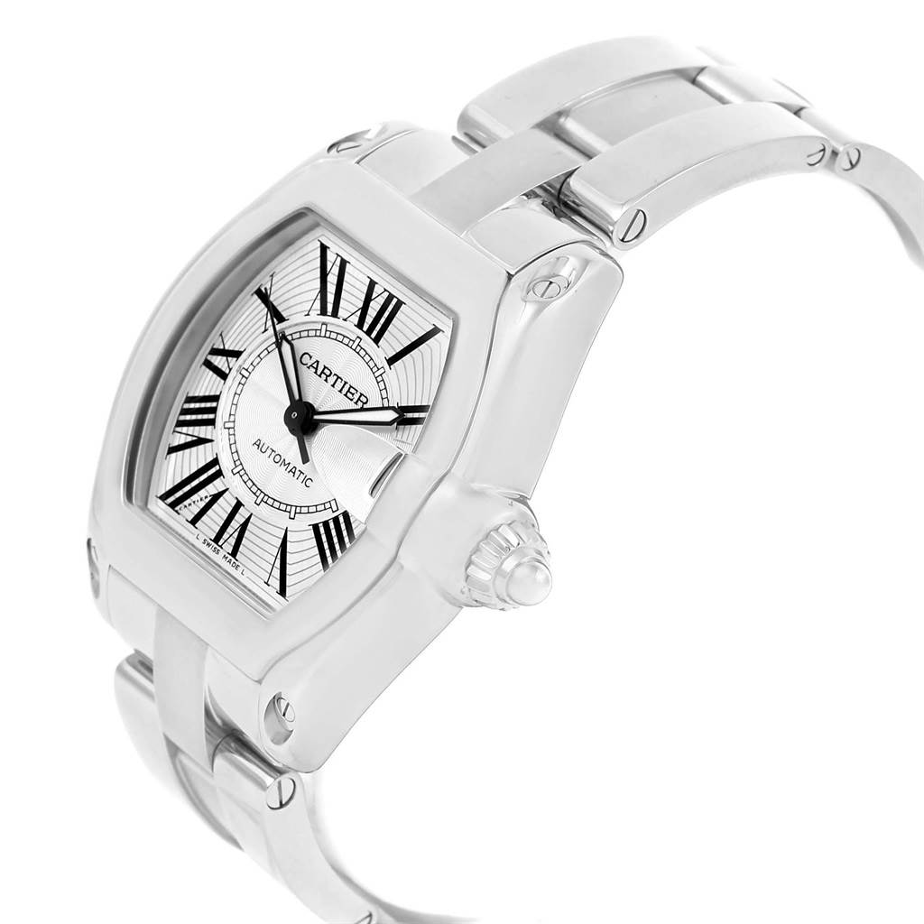 The image shows a Cartier Roadster W62025V3 Men's Stainless Steel Silver Dial W62025V3 Men's Stainless Steel Silver Dial watch from a front-left angle, highlighting its face, crown, and part of the bracelet.