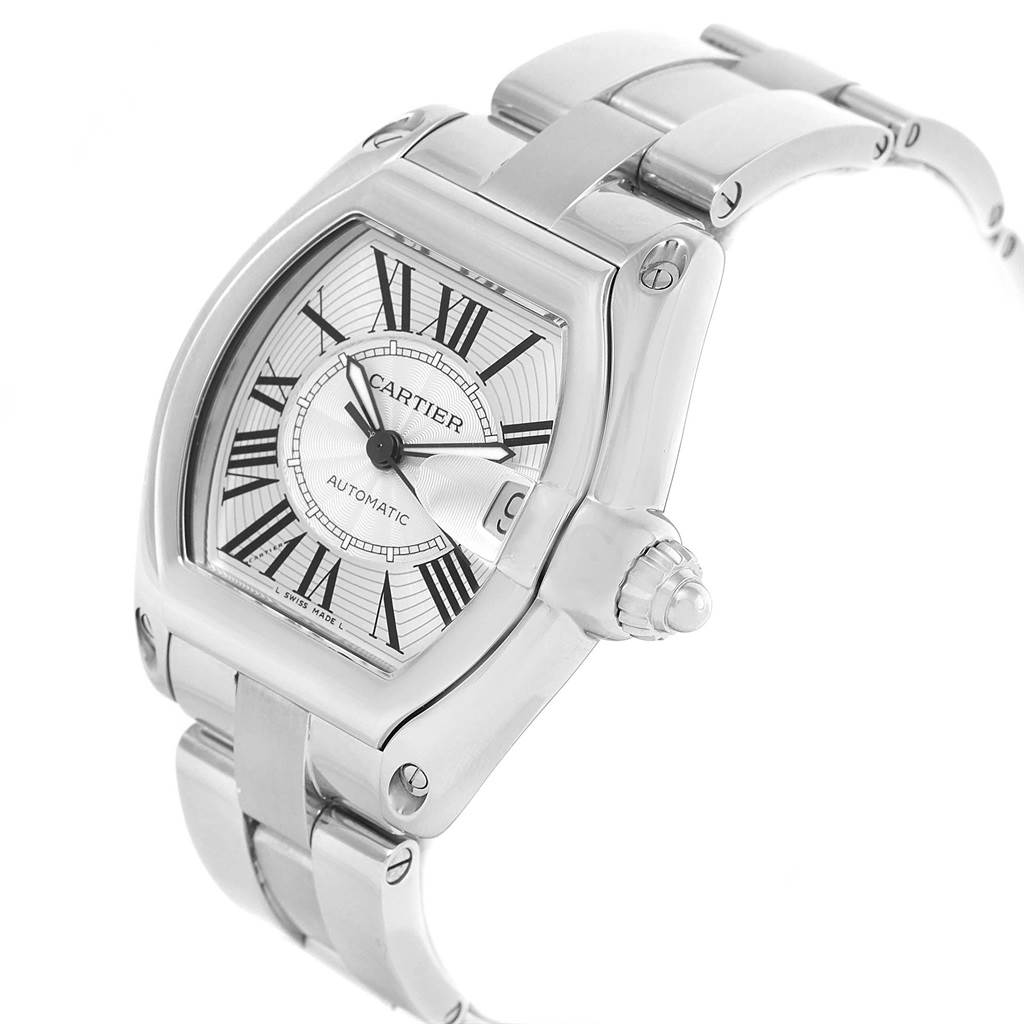 This image shows a Cartier Roadster W62025V3 Men's Stainless Steel Silver Dial W62025V3 Men's Stainless Steel Silver Dial watch at a slight angle, highlighting its face, bezel, crown, and metal bracelet.