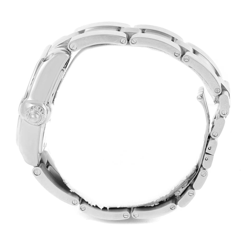 This image shows the side view of a Cartier Roadster W62025V3 Men's Stainless Steel Silver Dial W62025V3 Men's Stainless Steel Silver Dial watch, highlighting its bracelet and crown.