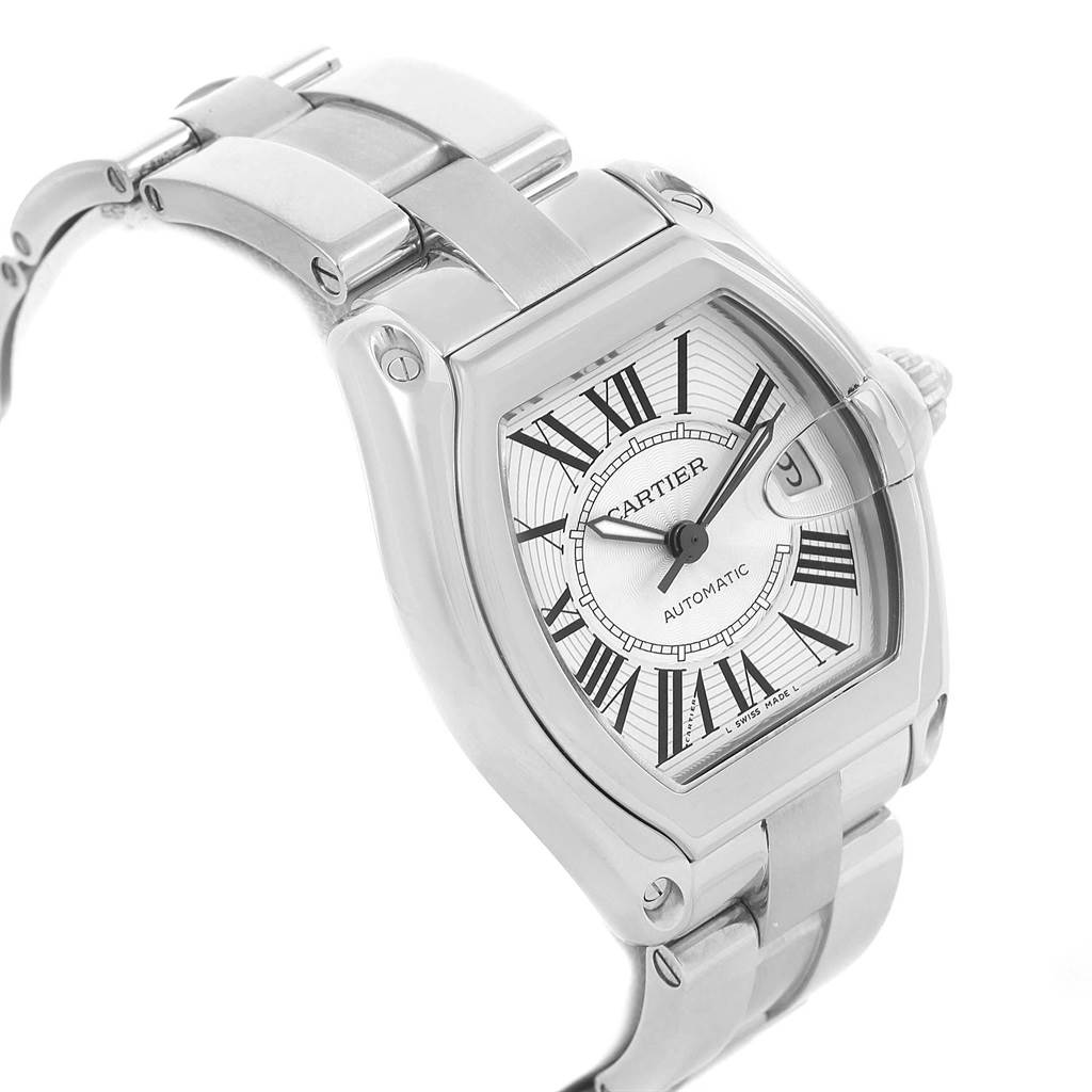 The image shows a Cartier Roadster W62025V3 Men's Stainless Steel Silver Dial W62025V3 Men's Stainless Steel Silver Dial watch at an angle highlighting its face, crown, and bracelet.