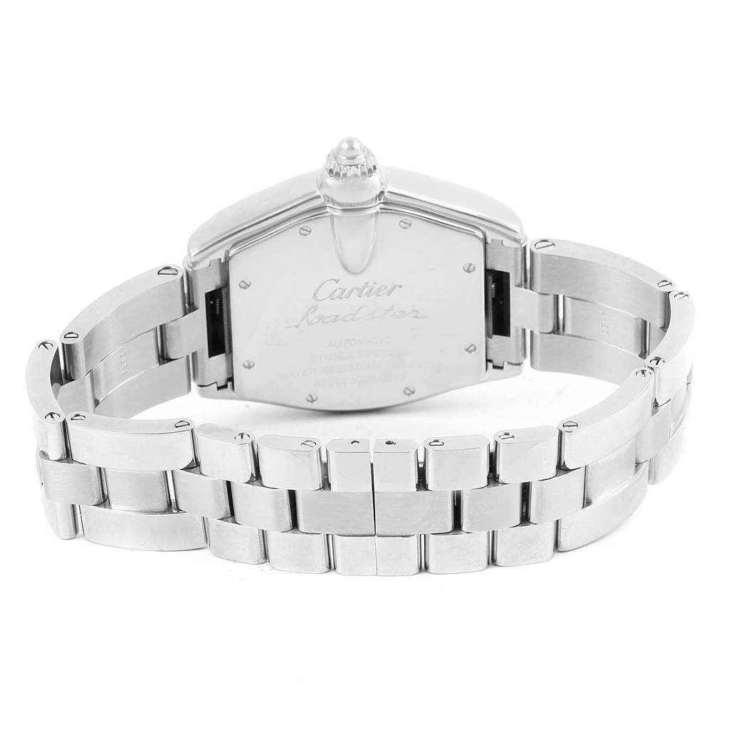 The image shows the back and bracelet of the Cartier Roadster W62025V3 Men's Stainless Steel Silver Dial W62025V3 Men's Stainless Steel Silver Dial watch.