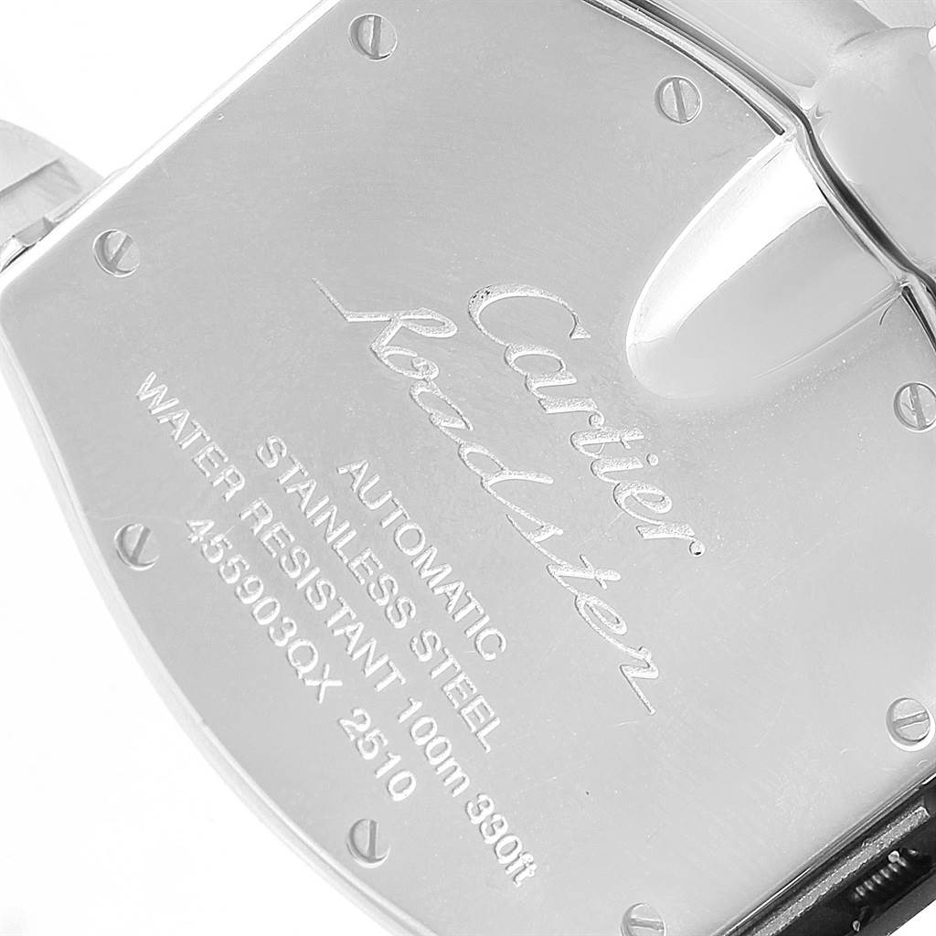 This image shows the back case of a Cartier Roadster W62025V3 Men's Stainless Steel Silver Dial W62025V3 Men's Stainless Steel Silver Dial watch, displaying details like water resistance and material.