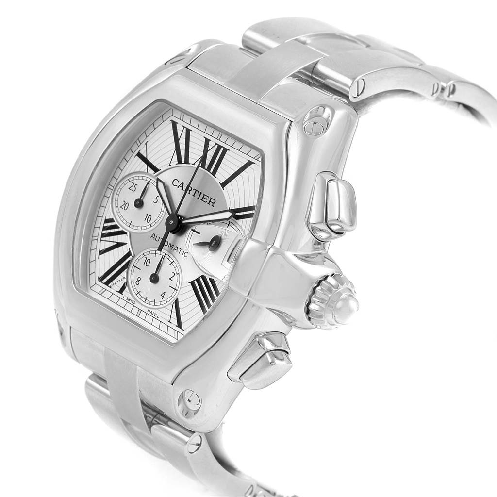This image shows a side and partial front view of the Cartier Roadster W62019X6 Men's Stainless Steel Silver Dial W62019X6 Men's Stainless Steel Silver Dial watch, highlighting its dial, crown, and part of the bracelet.