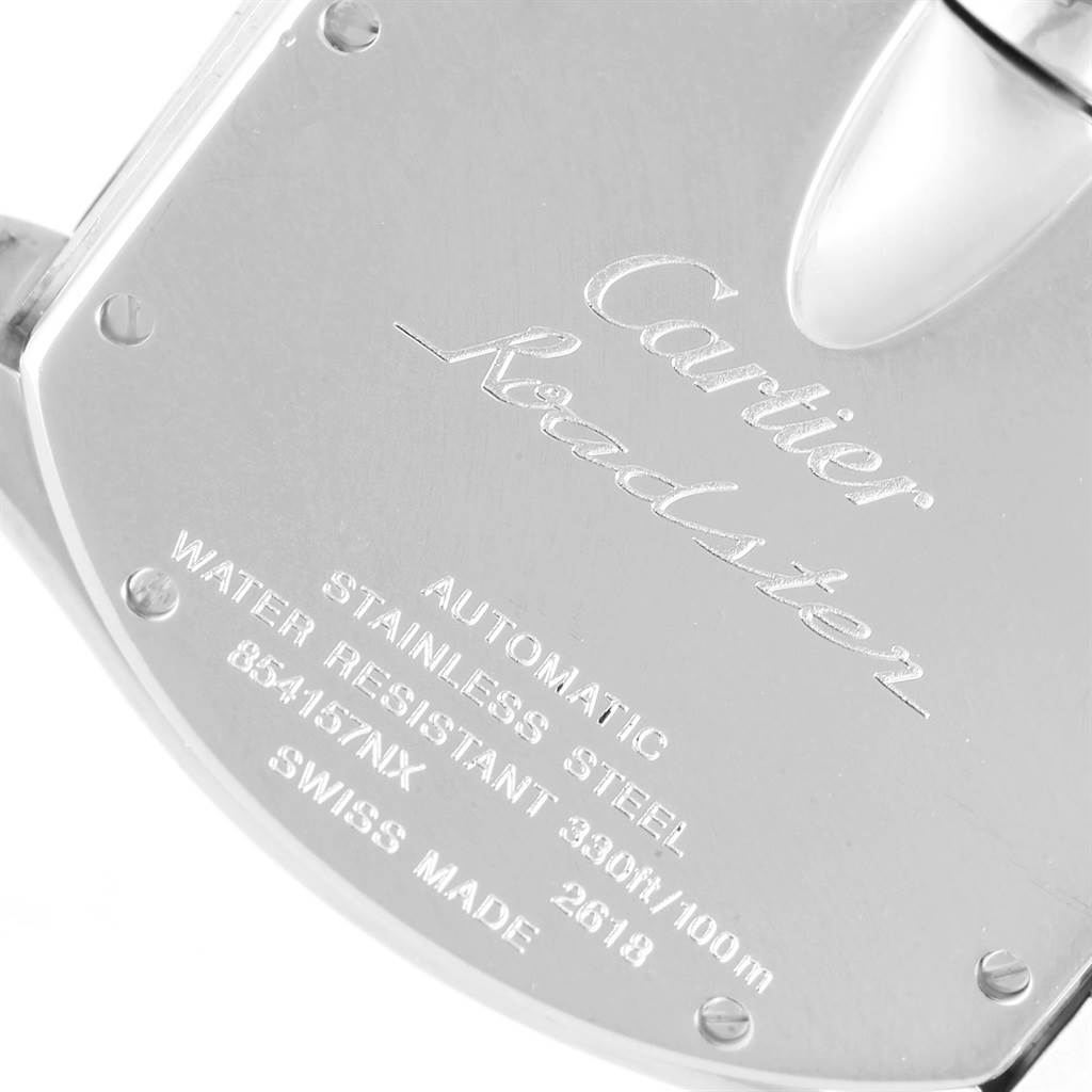 This image shows a close-up view of the back case of a Cartier Roadster W62019X6 Men's Stainless Steel Silver Dial W62019X6 Men's Stainless Steel Silver Dial watch, highlighting the engravings.