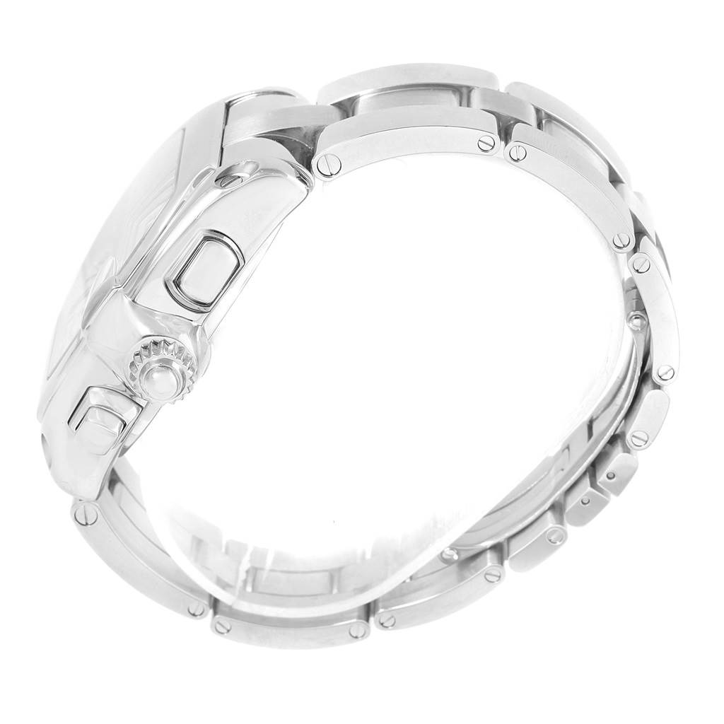 This image shows the side view of a Cartier Roadster W62019X6 Men's Stainless Steel Silver Dial W62019X6 Men's Stainless Steel Silver Dial model watch, highlighting its crown and bracelet.