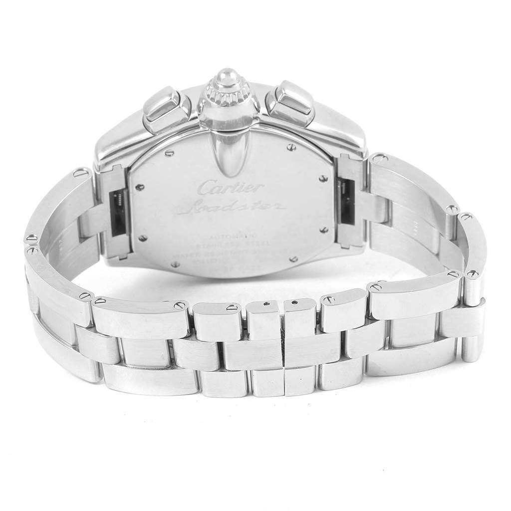 This image shows the back case and bracelet of a Cartier Roadster W62019X6 Men's Stainless Steel Silver Dial W62019X6 Men's Stainless Steel Silver Dial watch from a rear angle.